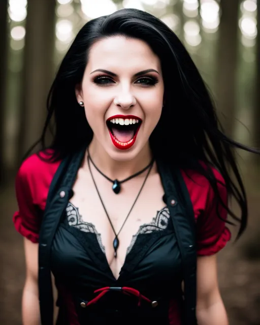 Photograph of a woman vampire, mouth open, fangs bared, long canine teeth; vampires, Dracula, lost boys; Photo-realtistic 