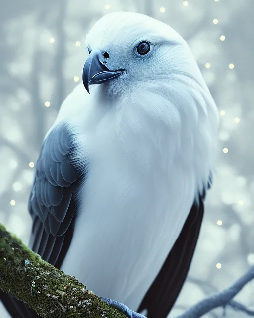 portrait,  beautiful white raven portrait,  hd photography,  hyperrealism, 4k, detailed, realistic feathers, close up, white raven in forest at night, raven sitting on tree branch, fairy lights in the air, beautiful, realistic, vibrant colors, vivid, flowers, beautiful bird