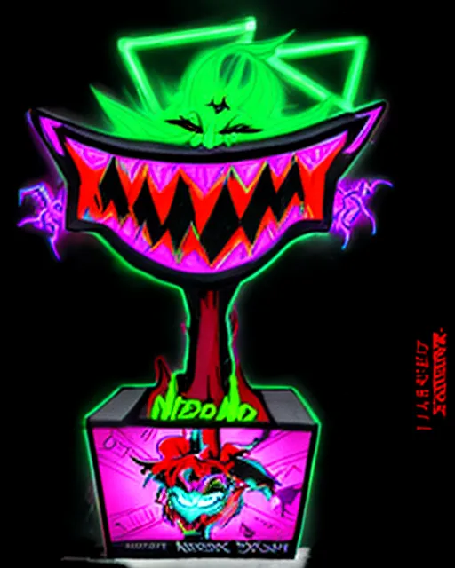 A trading card nft featuring a dark graphic version of this jack-in-the-box, neon, vibrant, twisted, sinister, Insane Clown Posse, dark carnival, fan art, creature design, glowing neon, detailed, hyperdetailed