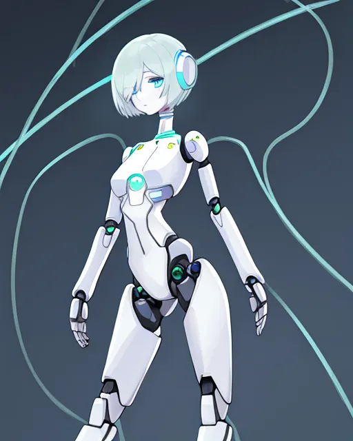 Female. Android. Robot. Robot girl. White and blue. Human torso. Wires. Robot legs. Robot arms. Short hair. Solo.