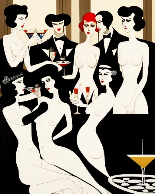 An orgy in a elegant deco apartment, sophisticate painting on the wall and martini on the table, digital painting,  digital illustration,  extreme detail,  digital art,  4k,  ultra hd, aubrey beardsley