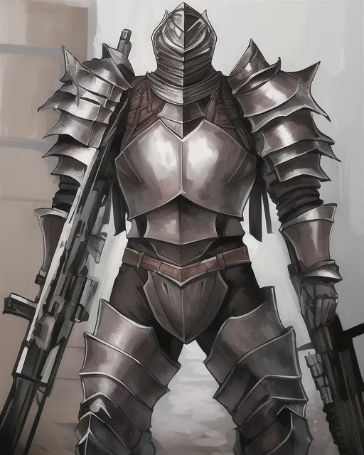 Man in heavy armor covered in weapons