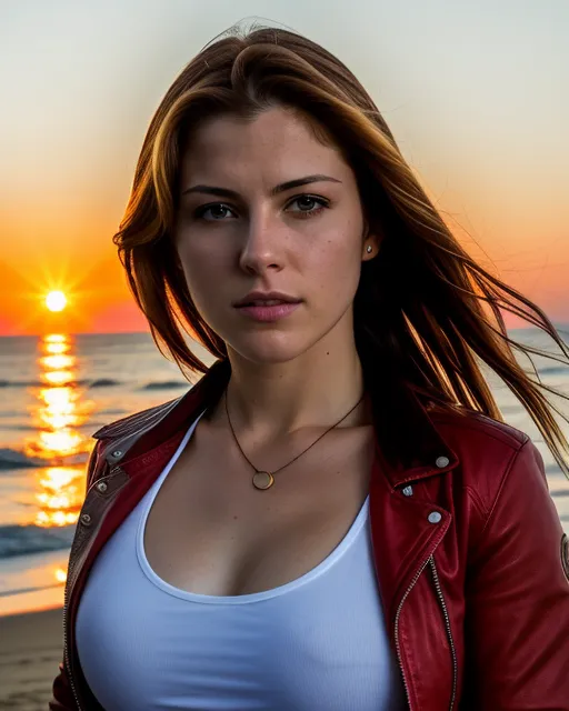 Sunset, beach, summer, Claire redfield from resident evil staring to the sun, red leather jacket