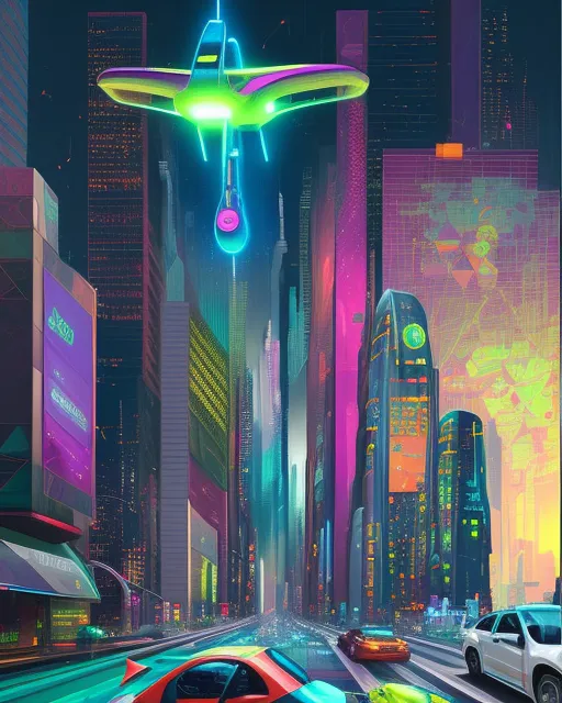 "A busting  Futuristic Metropolis"
The cityscape should be filled with towering skyscrapers and futuristic architecture. flying cars, holographic advertisements, and advanced technology integrated into the cityscape.The streets are alive with vibrant activity, and futuristic vehicles soar through the air. The scene should convey a sense of energy, innovation, and advancement.
Surrealism, Digital art, a combination of bold and vibrant colors to depict the futuristic elements of the city. neon tones, metallic shades, and contrasting color schemes, josan gonzalez