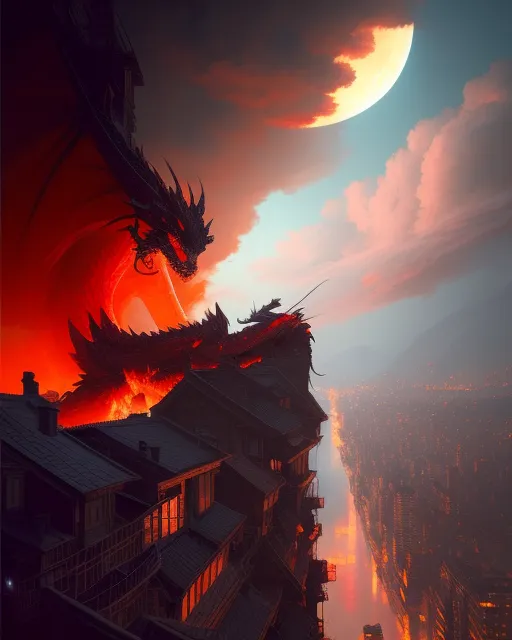 A dragon sets fire to a city; red; nighttime; clouds blocking out the moon; contrasting colors; dynamic pose; asymmetric 