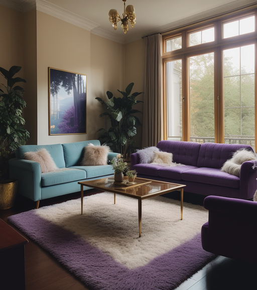 Purple Living room, cream-coloured couch, lavender plants, vases, photo of Paris, fur pillows, fur mat, ceiling lights, wall hanging, bookshelf, teapot on the glass table in the middle of the living room, lake view outside the window