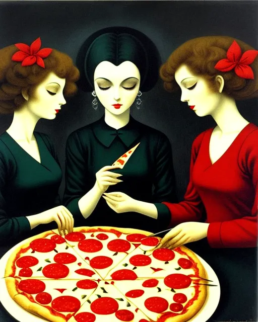 An ethereal and mysterious Pizza party, painted by Leonor Fini, highly detailed