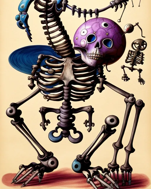 Rube Goldberg Mechanical skeleton., concept art, mysterious, cosmic, colorful, whimsical, tim burton, overexaggerated features, creature design, child’s drawing, renaissance painting, surrealism