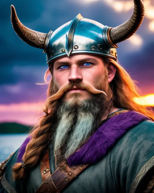 An extremely detailed portrait of a Viking with helmet and two horns with a beard and piercing blue eyes and a background color of a bluish and purplish sunset in the background