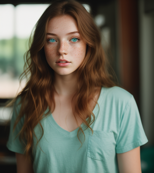 a girl with long brown hair, blue-green eyes, freckles, tan skin, grey t-shirt, jean shorts, tall, scrawny