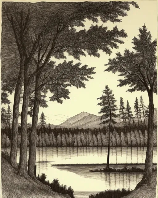 Dark woods surrounding a lake, mannerism style, ink pen, gloomy