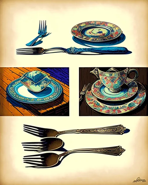 examples of forks spoons and a plate with a napkin with ornamets