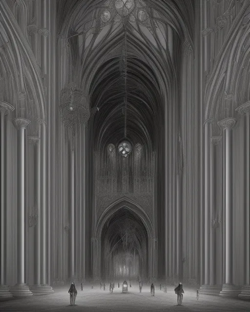 Black and white, Gothic cathedral interior, digital painting,  digital illustration,  extreme detail,  digital art,  4k, granular