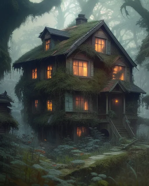 Overgrown house in forest 