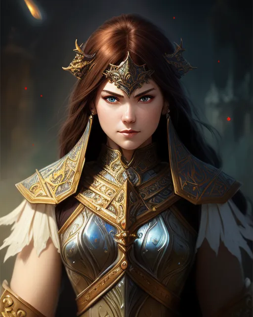 Fantasy female warrior in a golden armor with a crown. Character