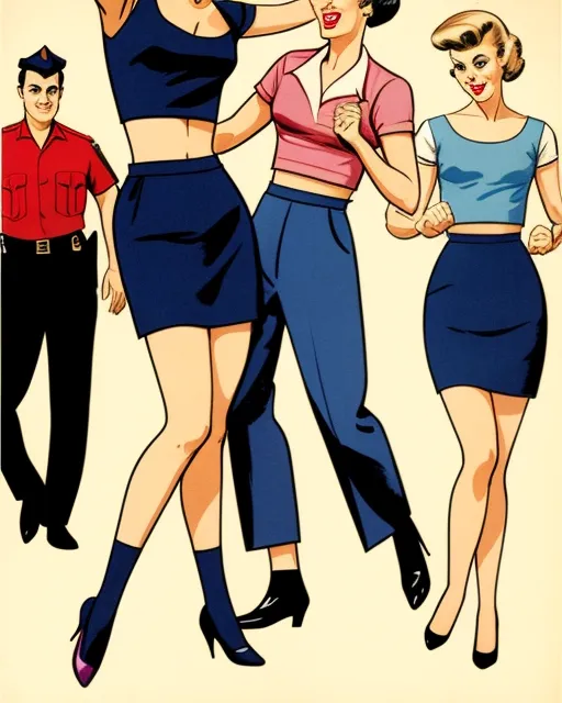 A crop-top sock-hop at the cop shop. Style of Saturday evening post illustrations 