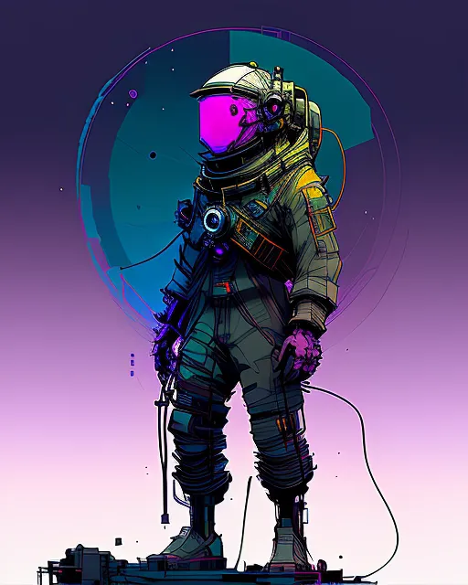 A Purple astronaut stuck in a television screen depicting him hiking across a mountainous unknown alien purple planet at night, 4k, Scary Art, SFX, Stipple, Global Illumination, Unreal Engine,