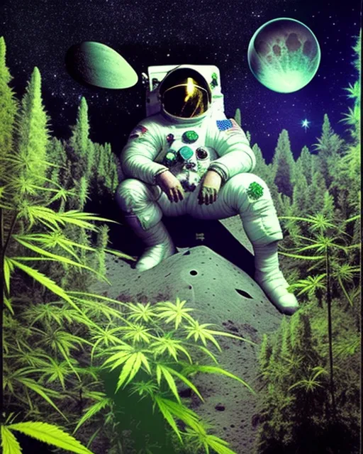 Astronaut smoking marijuana on the moon with aliens in a marijuana forest