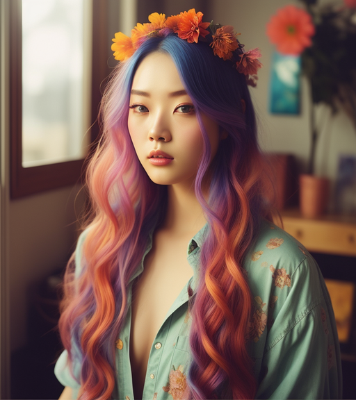 a woman long hair a flower her - Free AI Photo Generator - starryai