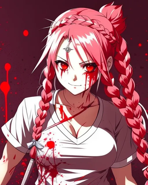 anime girl with long blood red hair