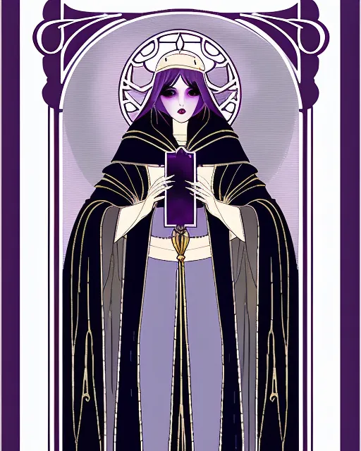 Tarot Tower card, Tarot High Priestess Card, soft purple velvet cloth, Art Nouveau, mysterious, --q .75