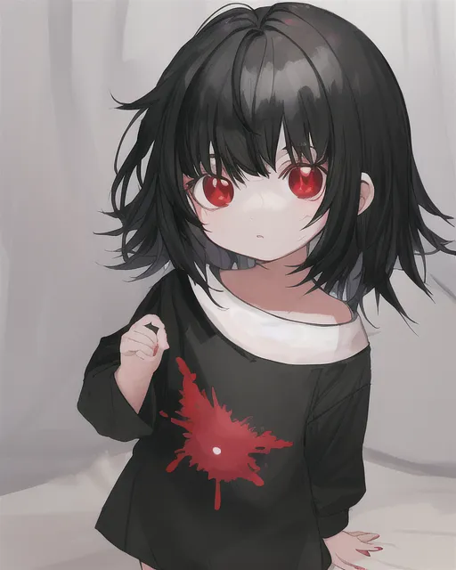 toddler with black hair and red eyes 