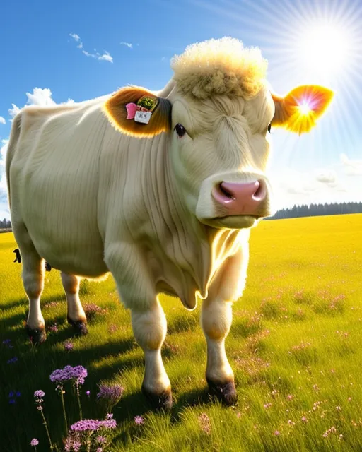 Fluffy cow in a meadow, radiant, sunny, sunshine rays