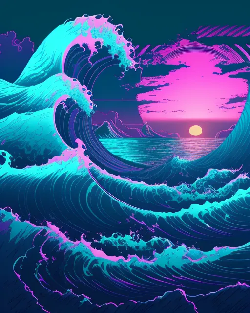 Synthwave style Ocean Waves. Purple Sunset in background.