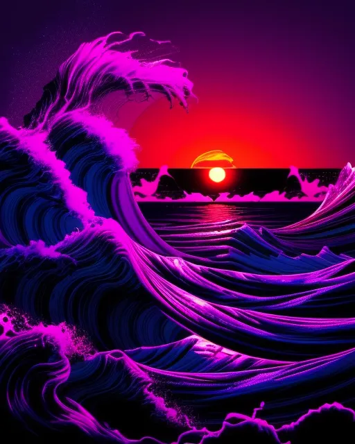 Synthwave style Ocean Waves. Purple Sunset in background.