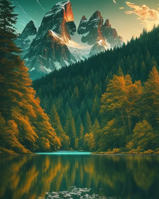 A nature scene with mountains, forests, and a calm lake