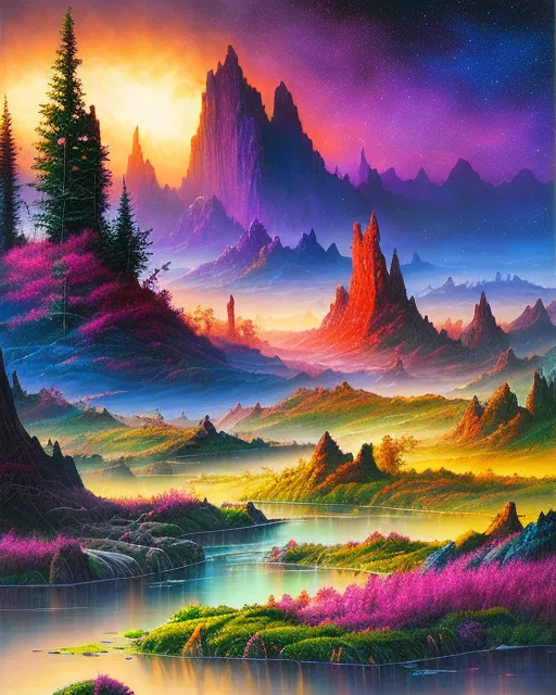 Ravaged landscape ,  realistic and natural,  detailed full-color,  hd photography,  fantasy by john stephens,  galen rowell,  david muench,  james mccarthy,  hirō isono,  magical,  detailed,  gloss, fantasy art, galactic, beautiful, colorful, vibrant