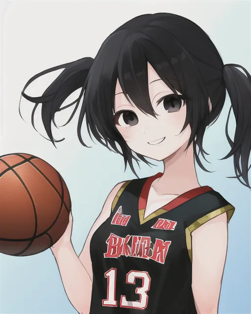 Smiling anime girl in basketball shirt with black eyes