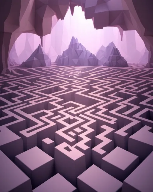 An ambiguous Labyrinth Does not A Hazy Maze Cave Make, photorealistic, low poly, low poly, vapor, twilight, rendered in blender, unreal engine, pastels, oil on canvas, vector art, overexaggerated features, simplified real 3d, vector illustration