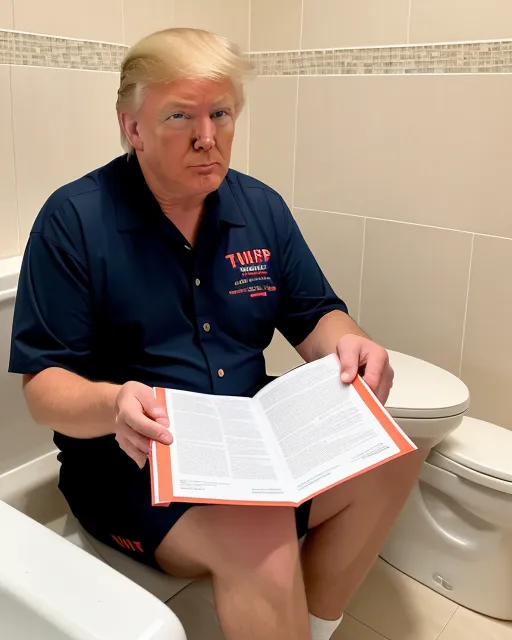  donald trump sitting on the toilet in his mar el lago resort in a bathroom reading top secret papers with a big stamp top secret on it