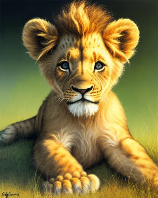 Cute lion cub, fantasy art, johan grenier, hyperrealism, johan grenier, hyperdetailed, detailed, photorealistic, vibrant, johan grenier, wlop, realism, hyperrealism