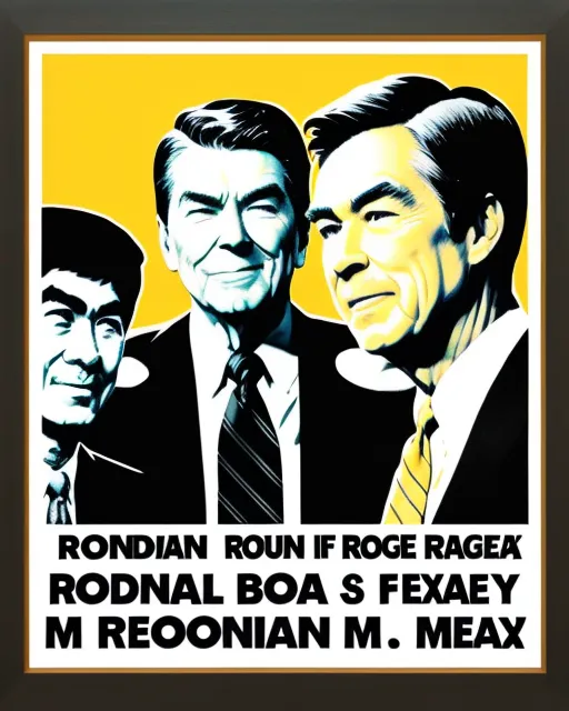 Protest poster of Ronald Reagan, Bruce Lee and Mr Rogers playing Vectrex together 