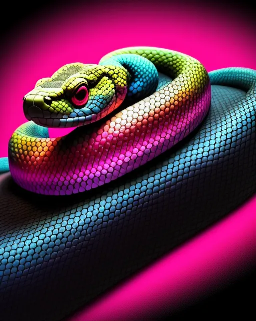 A brightly-colored snake laying on black cloth, realistic, highly detailed, 4k, Lyra style, dark theme, synthwave colors,