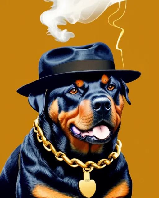 Rottweiler,weary a fedora,gold chain,smoking a mount