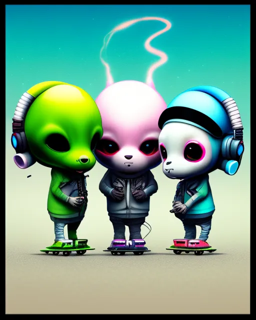 3 cute Adorable chibified Aliens wearing earphones smoking joints, riding skateboards