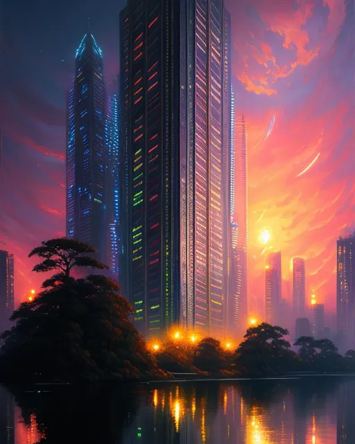 , synthwave painting,  sunset city,  digital illustration,  extreme detail,  digital art,  4k,  ultra hd, beautiful fantasy landscape,  realistic and natural,  cosmic sky,  detailed full-color,  nature,  hd photography,  fantasy by john stephens,  galen rowell,  david muench,  james mccarthy,  hirō isono,  realistic surrealism,  elements by nasa,  magical,  detailed,  alien plants,  gloss,  hyperrealism