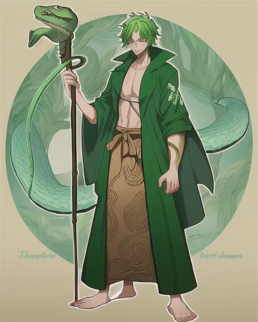 Male scientist, green hair, wearing a robe embroidered with snake ...