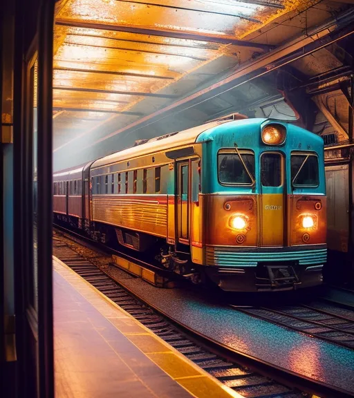 Magic Train, Wonderful Travel, Fairy Tales art, onirical, Broken Glass effect, vivid colours, volumetric lighting, hyper detailed, moving textures, non-static, Stylish, breath-taking beauty, perfect face, intense look, metal reflect lighting Ciro Marcetti art, Steve Gustafson Art