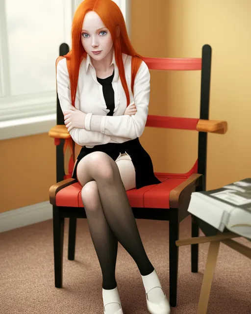 Lovely Woman, in her early 20s, long, straight fiery red hair, white shirt, cardigan mini skirt, black pantyhose, sitting on chair ,  coloured pencil, realism, comic style