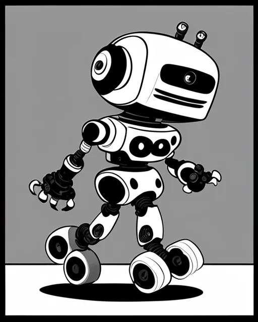 a Robot walking ,black and white,cartoon style,digital art,fine art