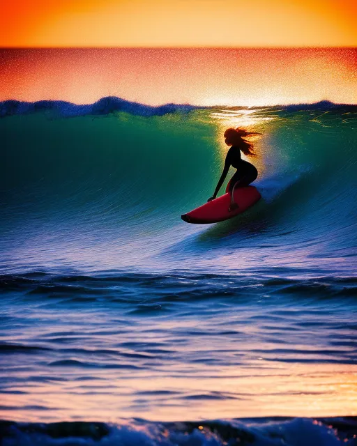 A beautiful vibrant beach sunset, waves crashing onto the shores, a girl running into the waves with her surf board.