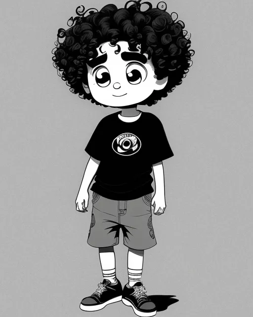 10 year old boy looking up to the sky,curly hair,big eyes,cartoon style,digital art,black and white 