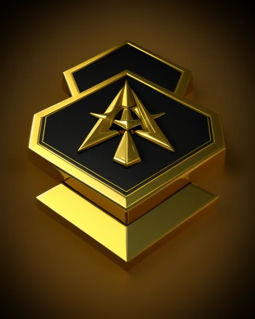 A gold, black, and white military rank insignia. Futuristic and sci-fi 3D render logo.