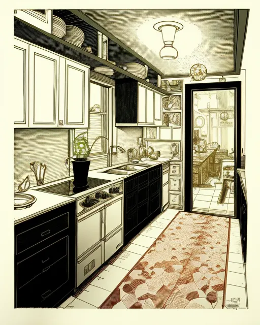 , etching, victo ngai, felix kelly, deviantart picture of an open kitchen