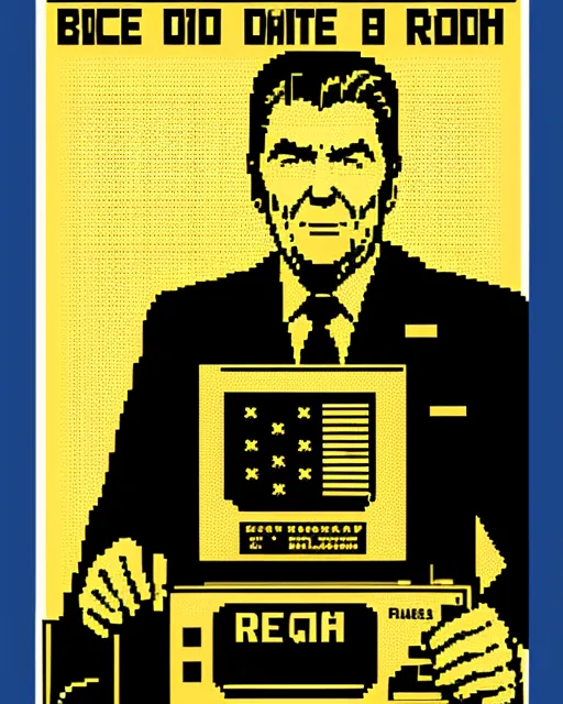 Protest poster of 8 bit Ronald Reagan playing Vectrex whth 8 bit Elvis Presley 