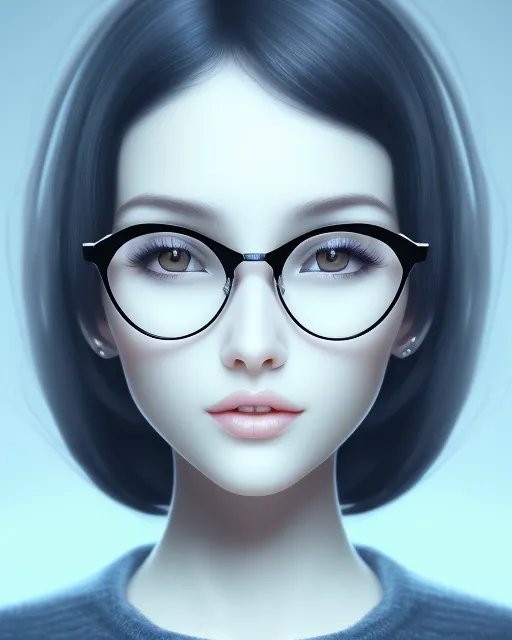 Round face, short black hair, thick nose, fair skin, blue thing spectacles, smiling girl